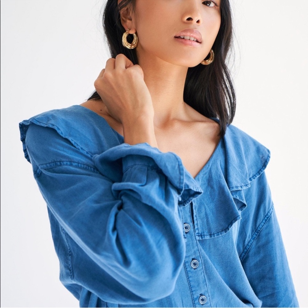 We The Free X Free People Amber Ruffle Collar Linen Blend Button Down Top Size M
